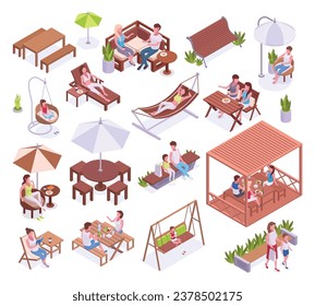 Isometric people chilling on backyard. Summerhouse garden furniture and chilling characters, people spending time on terrace 3d vector illustration set. Home terrace furniture