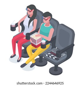 Isometric people in cinema chairs. Movie theatre visitors, young couple with popcorn, soda and 3D glasses watching film on big screen flat vector illustration on white background