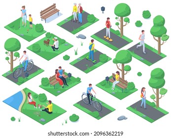 Isometric people in city park, outdoor activity, picnic sport recreation. Summer outdoor active recreations, picnic, port activities vector illustration set. City park scenes. Family play golf