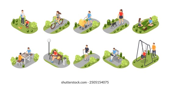 Isometric people in city park. Person outdoor rest, walking dog, ride bicycle and eating. Girl reading on bench, man working, flawless vector scenes