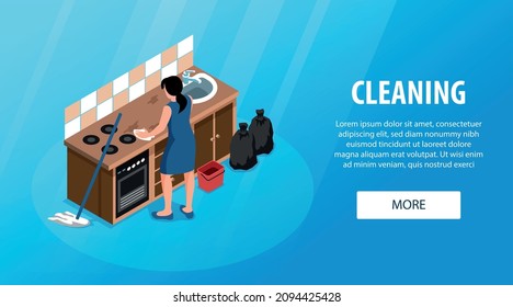Isometric people cleaning home horizontal banner with woman in casual dress cleaning kitchen range with text vector illustration