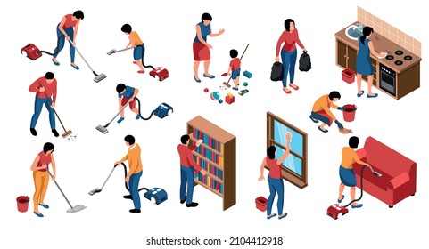 Isometric people cleaning home set with isolated icons characters of family members doing cleanup of apartment vector illustration