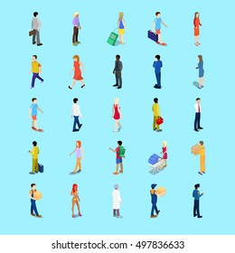 Isometric People Collection. Businessman, Tourist, Mother with Baby Carriage, Walking Man, Woman. Vector 3d flat illustration