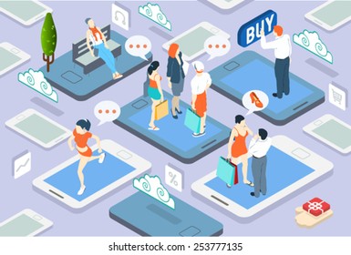 Isometric People Community Online Shopping and Rating Network Concept 3D Flat Vector Illustration. Online Shop Network People  Community Chat and Store Evaluation. Virtual Life Community Style.