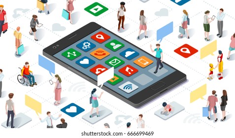 Isometric people and connecting devices smartphone social media graphic vector template illustration. Children graphic.