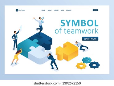 Isometric people connecting puzzle elements. Symbol of teamwork. Template landing page.