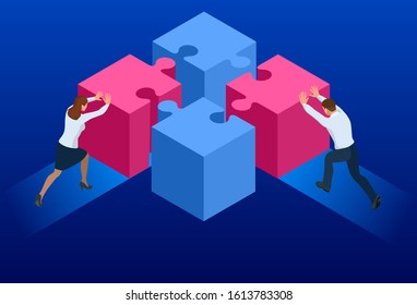 Isometric people connecting puzzle elements. Business teamwork, cooperation, partnership. Teamwork partnership metaphor. Puzzle teamwork.