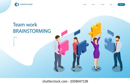 Isometric People Connecting Puzzle Elements. Business Teamwork, Cooperation, Partnership. Team Work, Team Building, Corporate Organization. Puzzle Teamwork.