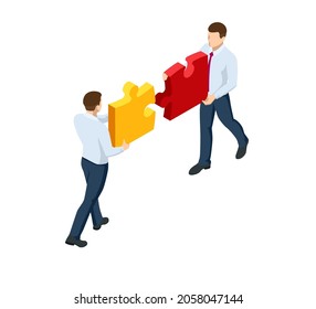 Isometric people connecting puzzle elements. Business teamwork, cooperation, partnership. Team work, team building, corporate organization. Puzzle teamwork.