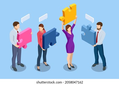 Isometric People Connecting Puzzle Elements. Business Teamwork, Cooperation, Partnership. Team Work, Team Building, Corporate Organization. Puzzle Teamwork.