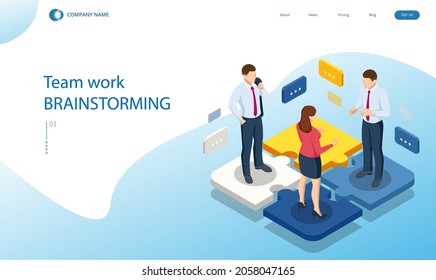 Isometric People Connecting Puzzle Elements. Business Teamwork, Cooperation, Partnership. Team Work, Team Building, Corporate Organization. Puzzle Teamwork.