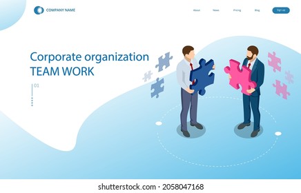 Isometric People Connecting Puzzle Elements. Business Teamwork, Cooperation, Partnership. Team Work, Team Building, Corporate Organization. Puzzle Teamwork.