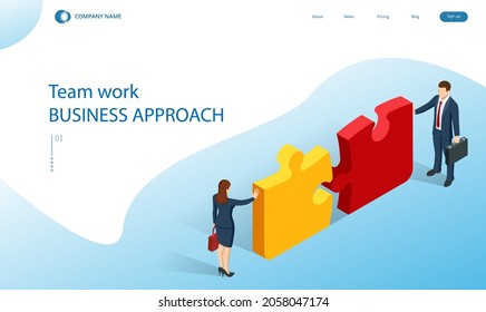 Isometric people connecting puzzle elements. Business teamwork, cooperation, partnership. Team work, team building, corporate organization. Puzzle teamwork.