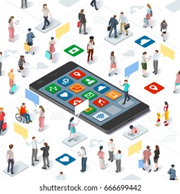 Isometric people connecting and sharing social media graphic vector template with flat elements disabled people and smartphone devices illustration.