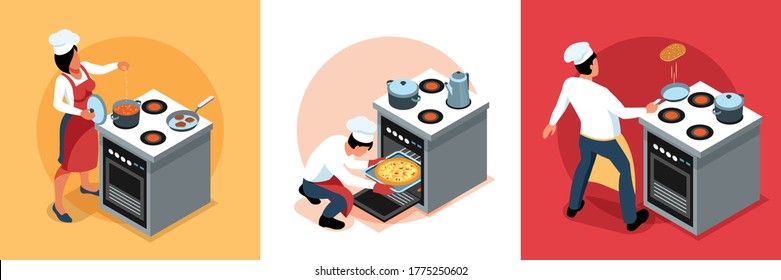 Isometric people cooking design concept with characters of cooks in uniform at kitchen stove with kitchenware vector illustration