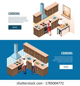 Isometric People Cooking Set Of Two Horizontal Banners With Home Kitchen Cabinetry With Cooks And Text Vector Illustration