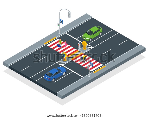 Isometric people cross the\
road at a pedestrian crossing. A disabled man in a wheelchair\
crosses the street.