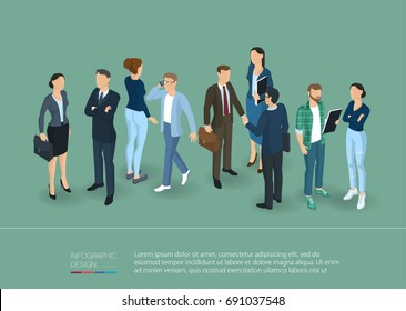 Isometric people crowd with speech bubbles. Man and woman, various characters, poses and professions, front and back view. Isometric vector presentation and banner template.