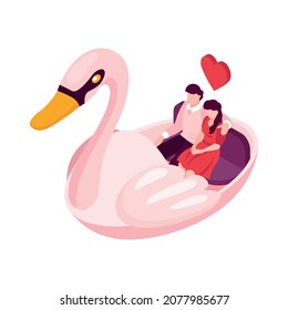 Isometric people dating couple valentines day composition with lovers sitting together in swan shaped boat vector illustration