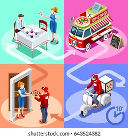 Isometric People Delivery Man Vector Restaurant Supermarket Pizza Food Truck Van For Fast Home Delivery Vector Infographic. 3D Flat Man Processing Online Order Client Customer Door Illustration.