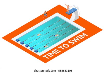 Isometric people diving into water in to the swimming pool, diver. Female swimmer, that jumping and diving into indoor sport swimming pool. Sporty woman