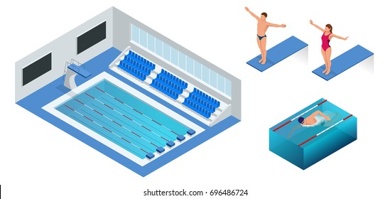 Isometric people diving into water in to the swimming pool, diver. Male swimmer, that jumping and diving into indoor sport swimming pool. Sporty man.