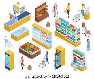 Isometric People Do Grocery Shopping, Supermarket Purchases. Customers Buying Food In Grocery Market Vector Illustration Set. Grocery Store Or Supermarket Shopping And Shopper Buying