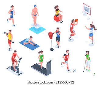 Isometric people do sports, boxing, golf and fitness. Characters do outdoor and indoor sports vector illustration set. Professional athletes exercising, working out with dumbbells, stretching