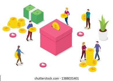 isometric people donation concept with team people bring money to give and insert to box with modern clean style - vector illustration