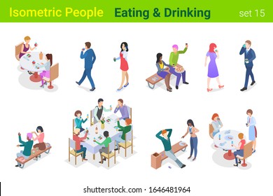 Isometric People Eating And Drinking In Restaurant Or Outdoor Flat Vector Collection.