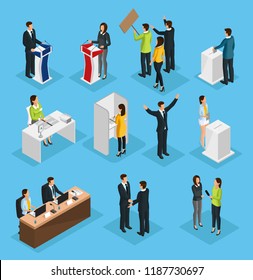 Isometric people election set with political debates campaign voting process ballot booth candidates interview isolated vector illustration