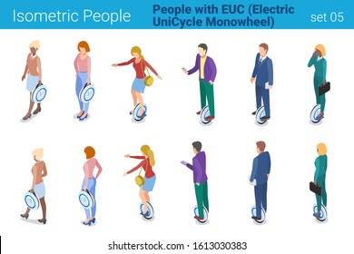 Isometric People with Electric Unicycle Monowheel flat vector collection. Men and Women ride on EUC