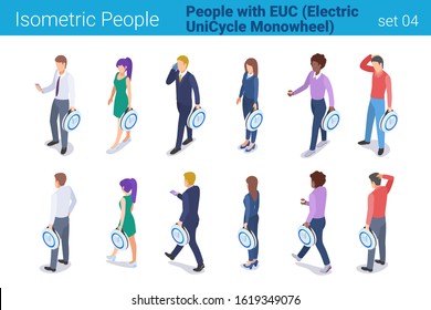 Isometric People with Electric Unicycle Monowheel flat vector collection. Men and Women walk with EUC