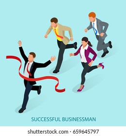 Isometric people. Entrepreneur business man leader. Businessman and his business team crossing finish line and tearing red ribbon finishing first in a market race.  Flat style vector illustration.