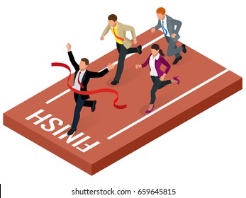 Isometric people. Entrepreneur businessman leader. Businessman and his business team crossing finish line and tearing red ribbon finishing first in a market race.  Flat style vector illustration.