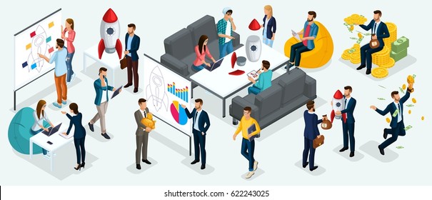 Isometric people, entrepreneurs present a new startup project business plan, development of investment search. New projects isolated on a light background.