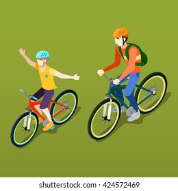 Isometric People. Father And Son Cyclist. Boy On Bike. Healthy Lifestyle. Vector Flat 3d Illustration