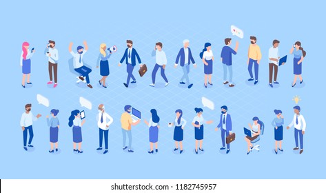 Isometric people flat vector set. Office life, communication. 