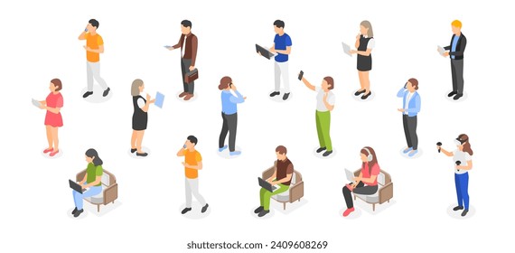 Isometric people with gadgets. Adults and teens using tablets, laptop, talk with smartphones and play vr glasses. Isolated casual flawless vector characters