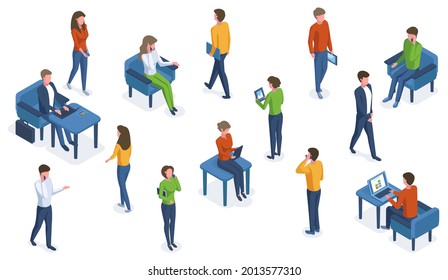 Isometric people with gadgets. Office characters working with smartphones, laptops and tablets vector illustration set. Business people and gadgets. People office isometric, person work