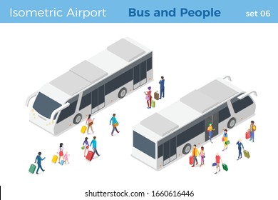 Isometric People get on off the Airport Bus vector illustration