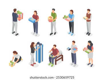 Isometric people with gift boxes. Men woman holding opens packing vibrant present box. Gifting time, birthday party christmas holidays, flawless vector set