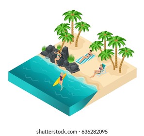 Isometric people of the girl, 3D tourists, girls rest on the beach of sefi on rocks, beach, sand, palms, rest, sunbathe, women in swimsuits, surfboard, girls in the water.