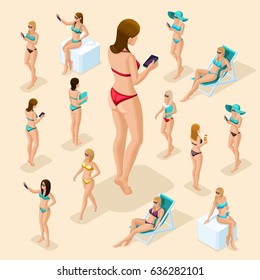 Isometric People Girl Set, 3D Woman On The Beach, Great Choice, Front View Back View, Standing, Sitting, Lying On Sun Beds, Girls In Swimsuit For Summer Vector Illustration.