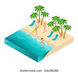 Isometric people girls, 3D tourists, girls relaxing on the ocean, beach, sand, palm trees, rest, sunbathing, women in swimsuits, surfboard, girls in the water.