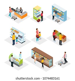 Isometric people in grocery shop set with customers choosing and buying different products isolated vector illustration