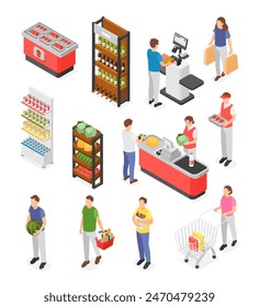 Isometric people in grocery supermarket. Person on cash self service buy food. Different products on stalls and stands. Flawless vector scenes