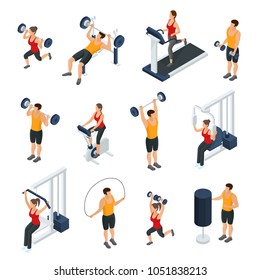 Isometric people in gym collection with men and women doing different physical exercises isolated vector illustration