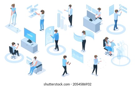 Isometric people in headsets use virtual reality simulators. Characters in vr glasses playing, learning, working vector illustration set. Virtual reality activities. Headset and vr for communication