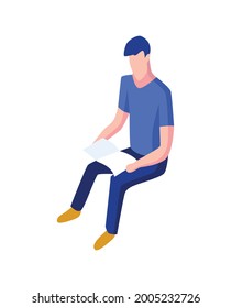 Isometric people icon. 3d men sit and hold and read book. Modern young people. Isolated vector illustration